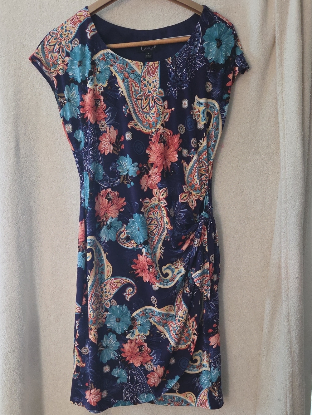 Connected Apparel Navy Midi Dress with Coral & Teal Floral Paisley